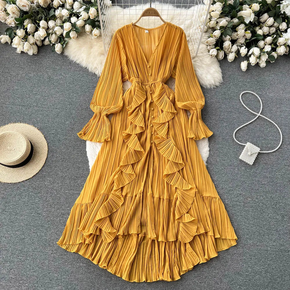 Mustard Pleated Maxi Dress with Ruffle Hem