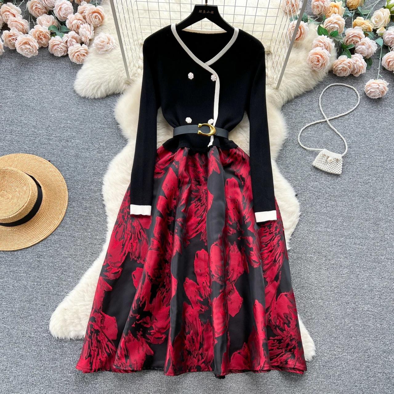 knee length dresses for ladies Shop for Red Garden Delight Long Sleeve Midi Dress main image 1
