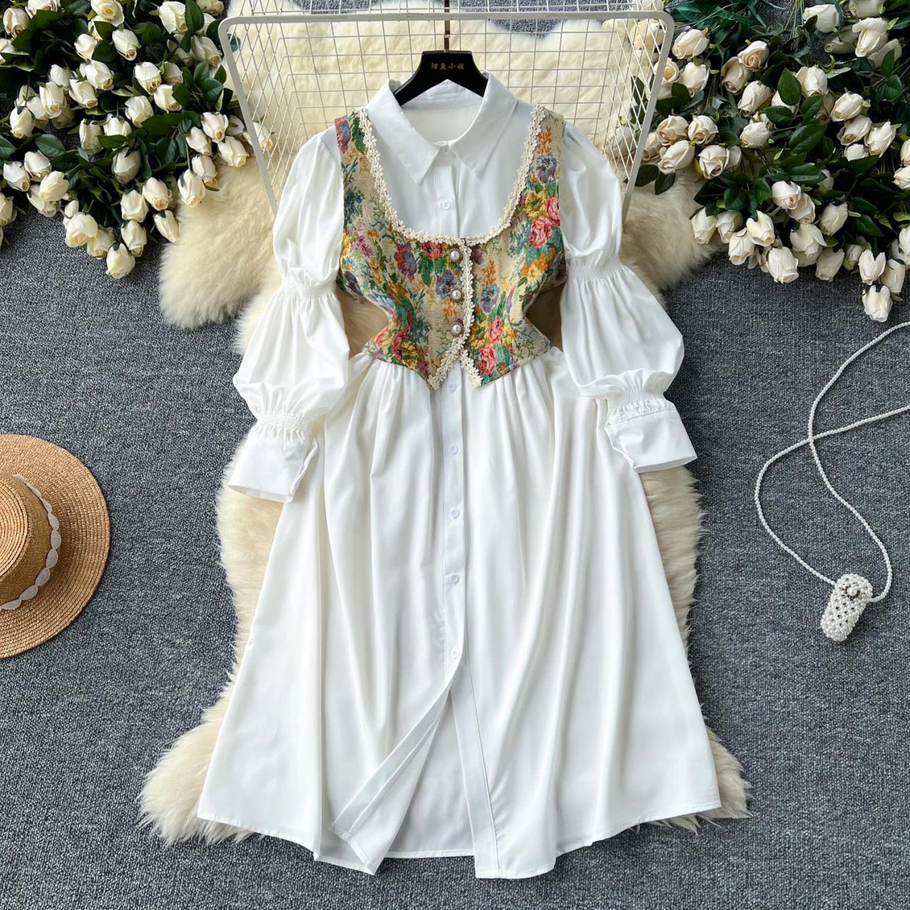 white embroidered long sleeve dress FARES Embroidered Floral Dress – White main image 0