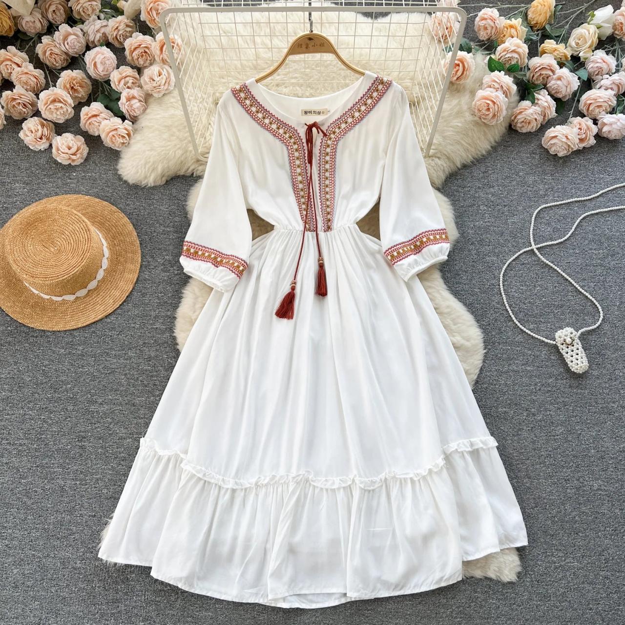 Bohemian White Dress With Embroidered Boho Tassels on Luulla