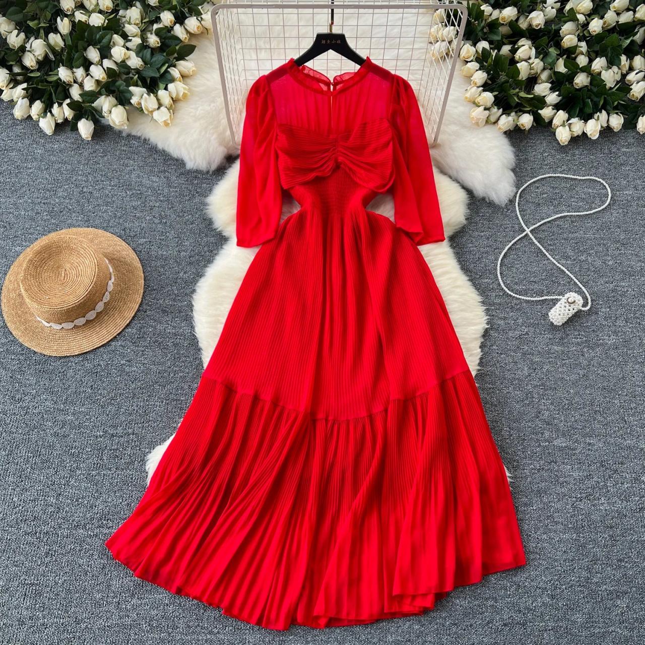 Red Long Sleeve Flowy Maxi Dress Chic