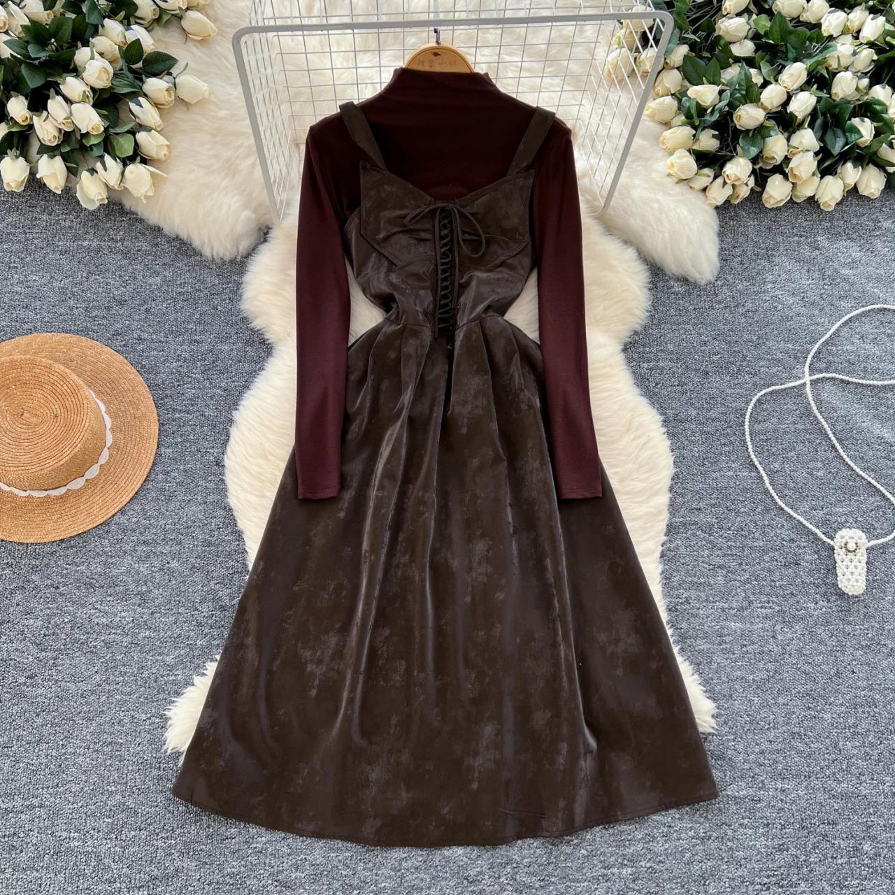 Velvet Long Sleeve Dress With Lace-up Details