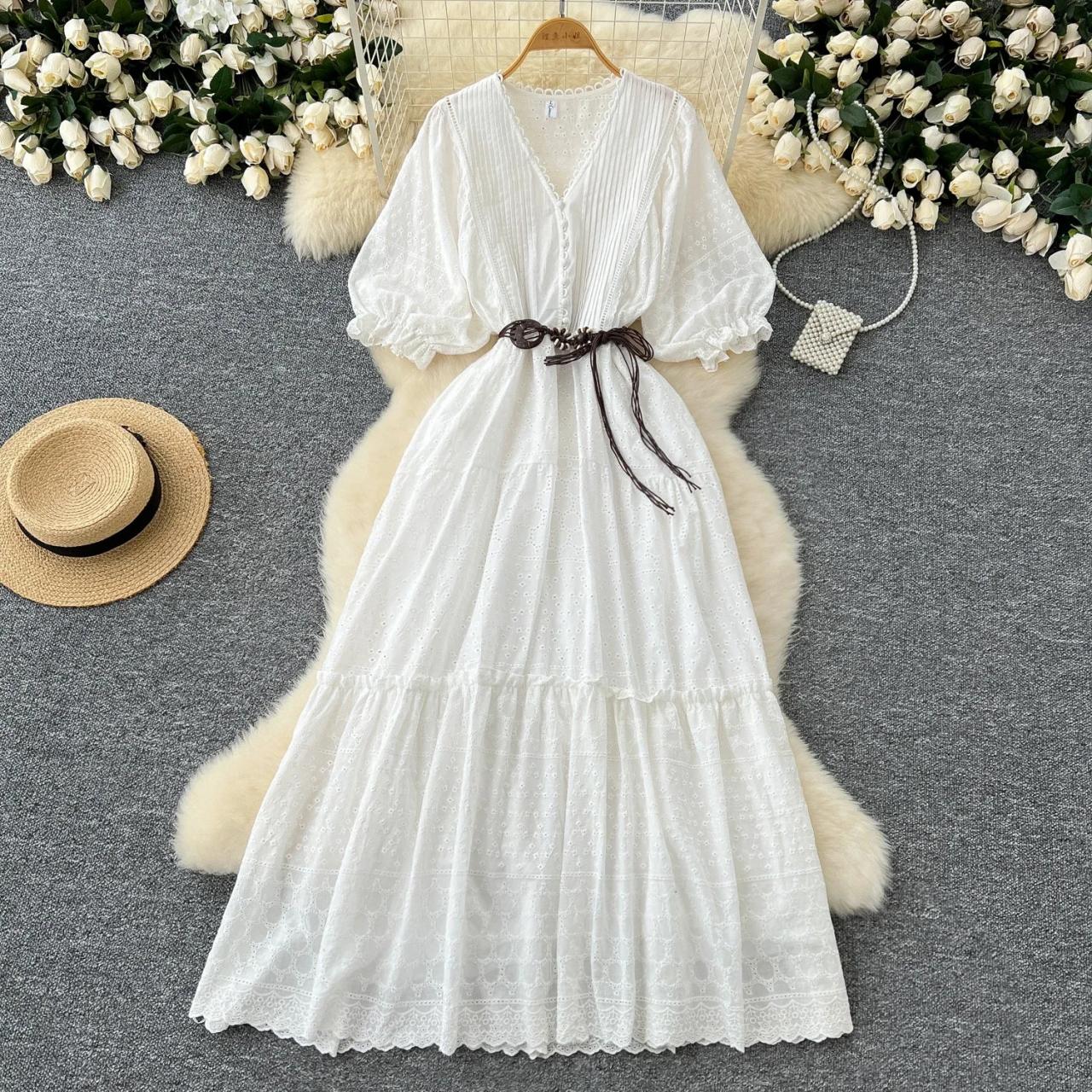 Chic White Bohemian Maxi Dress With Belt