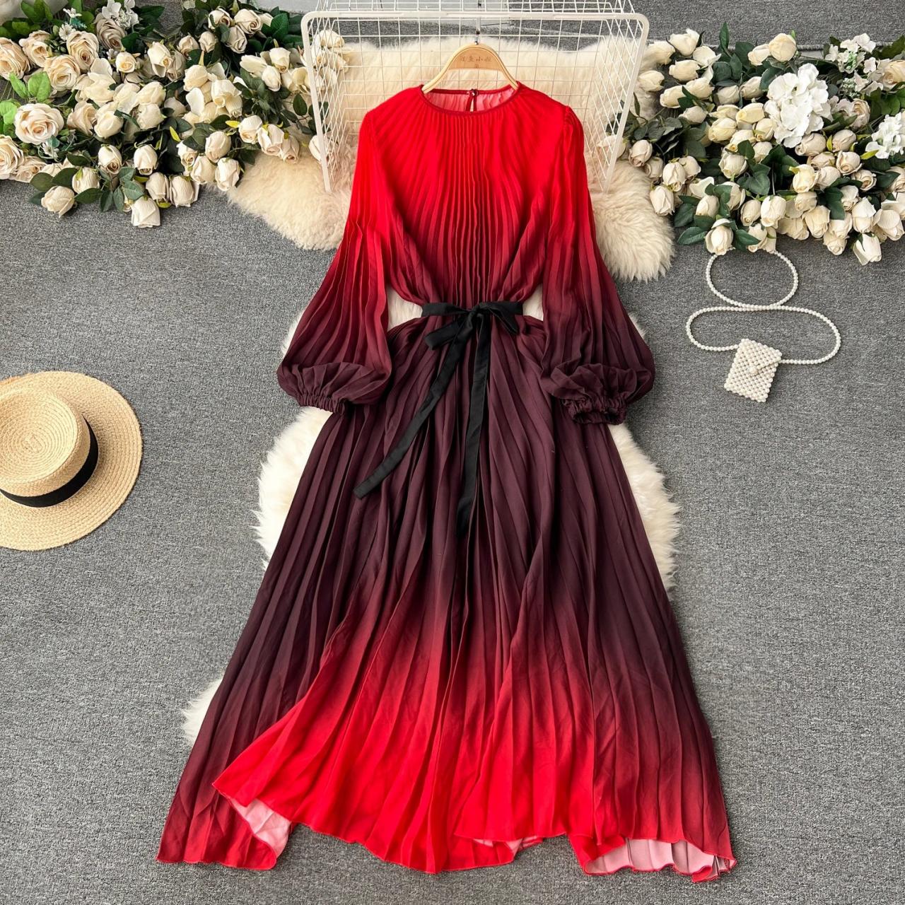 Gradient Red Maxi Dress With Flowing Sleeves