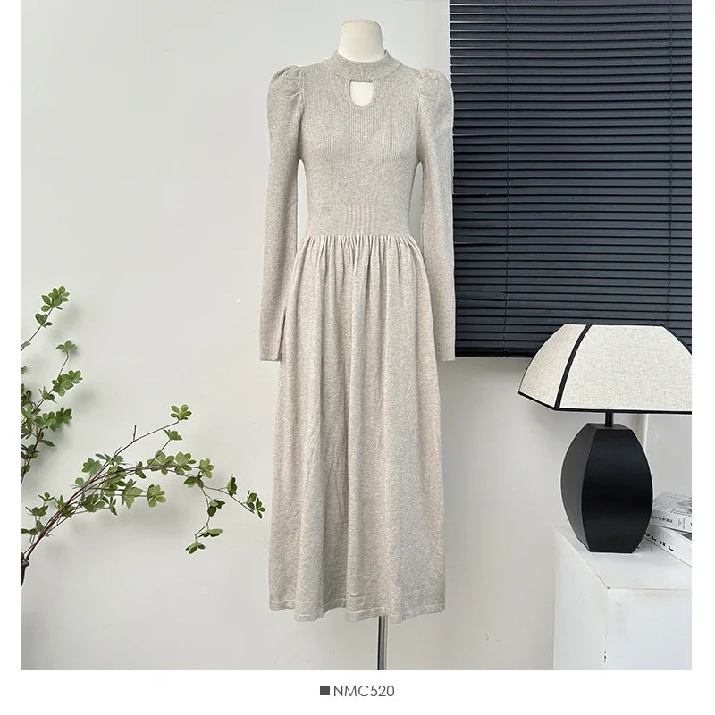 Elegant Hollow Out Vintage O-neck Chic Pleated Slim Knit Dresses Women Korean Fashion High Street Office Autumn Winter Clothing