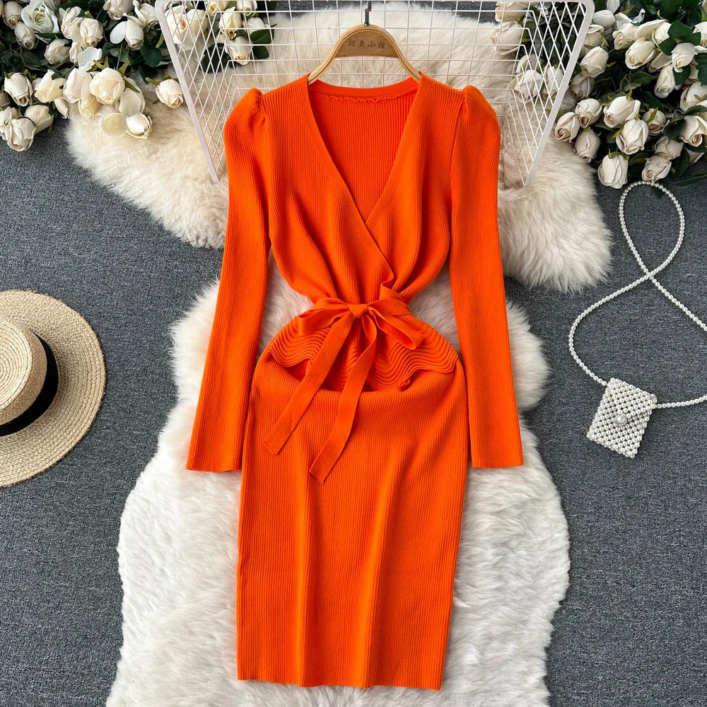 Vibrant Long-sleeve Orange Dress With Bow Waist