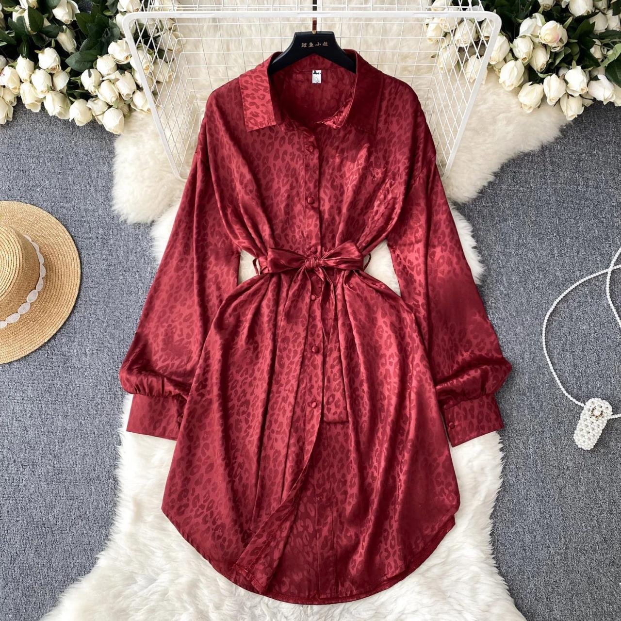 Vintage Satin Lapel High Waist Dress Lace-Up Long Sleeve Loose Chic Summer Vestidos Women Basics Dresses