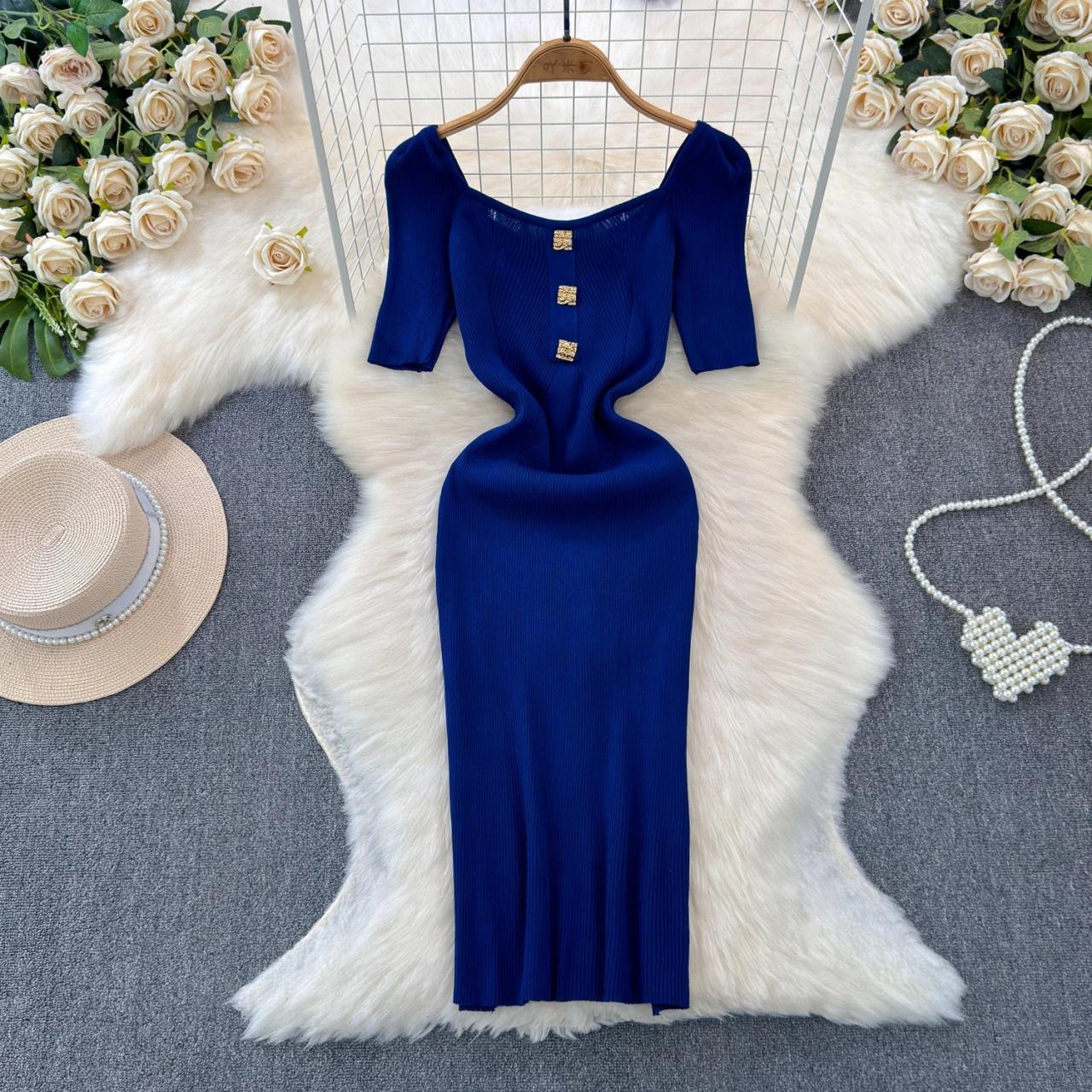 Royal Blue Bodycon Dress With Rhinestone Buttons on Luulla