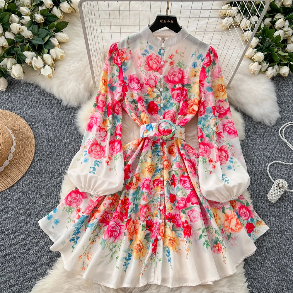 Floral Long Sleeve Chiffon Dress, Belted Waist on Luulla