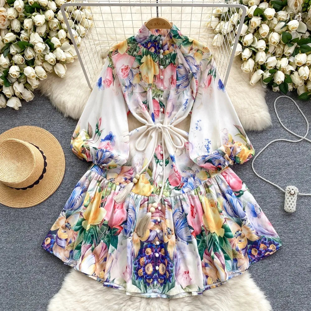 Floral Chiffon Dress with Bow and Ruffles