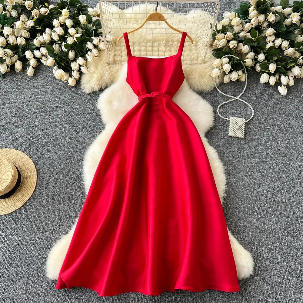 red satin strappy dress red strap dress Satin V-neck Red A-Line Spaghetti Straps Sweep Train Prom  Dress With Slit,MP591