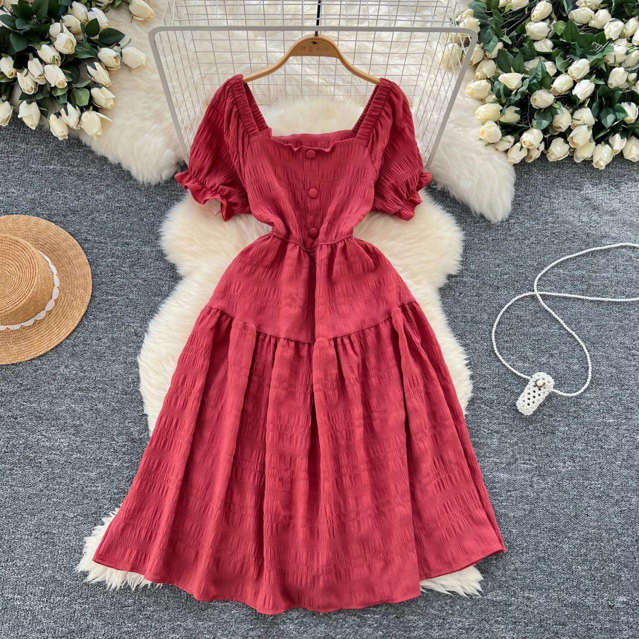 Vintage Red Buttoned Short Sleeve Midi Dress