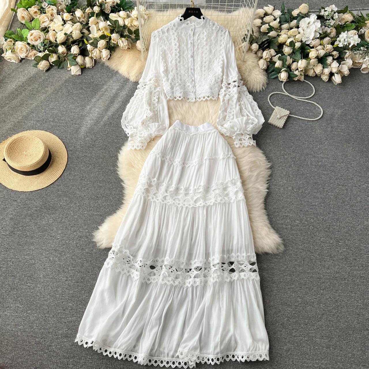 Vintage White Lace Bohemian Two-Piece Dress Ensemble