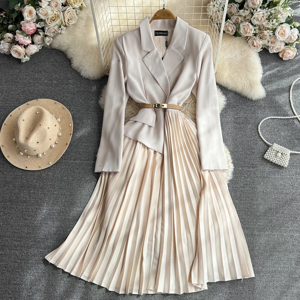 【国内発送】 Pleated Chic Blazer Luulla on Waist Belted With Dress ワンピース