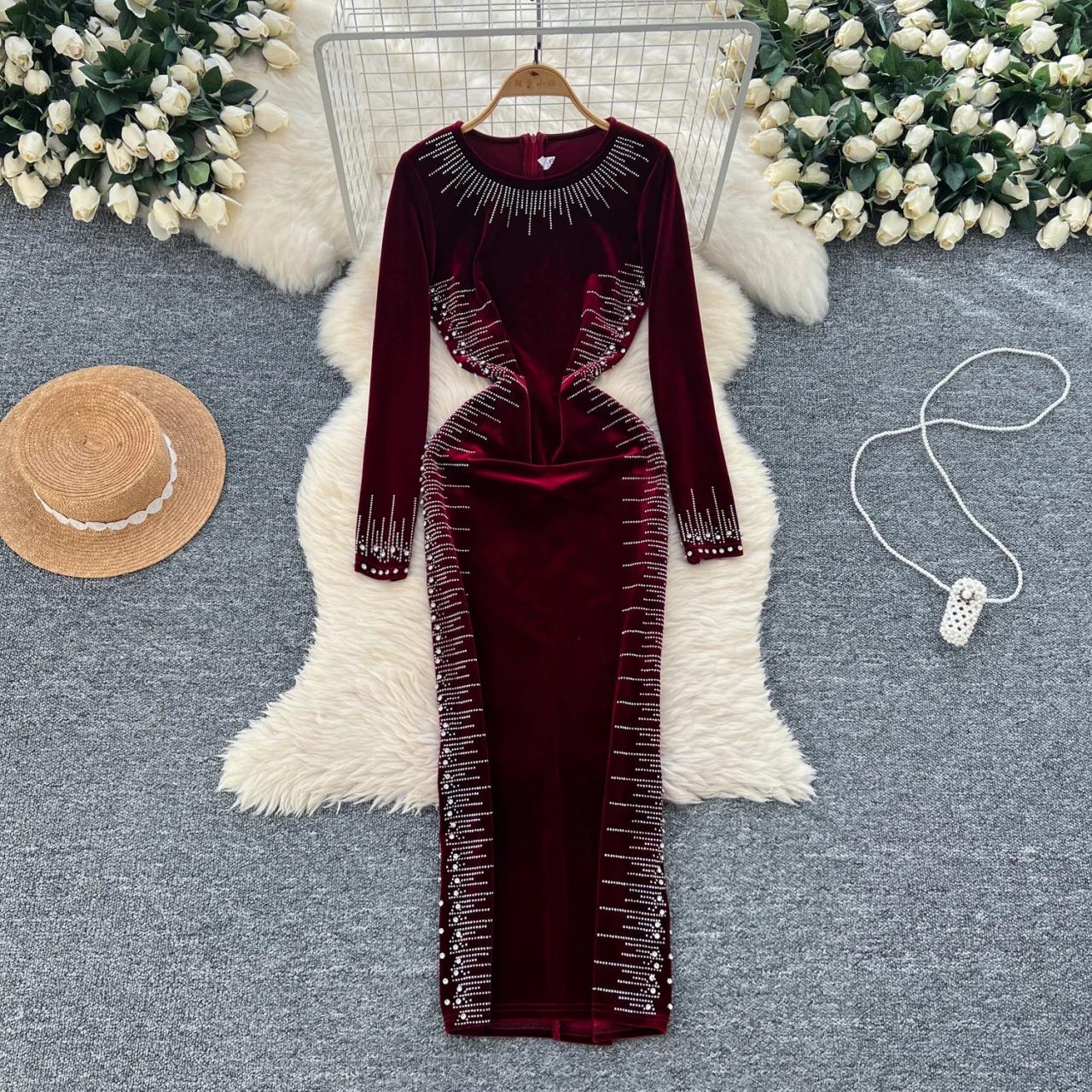 Velvet Maxi Dress With Rhinestone Details on Luulla