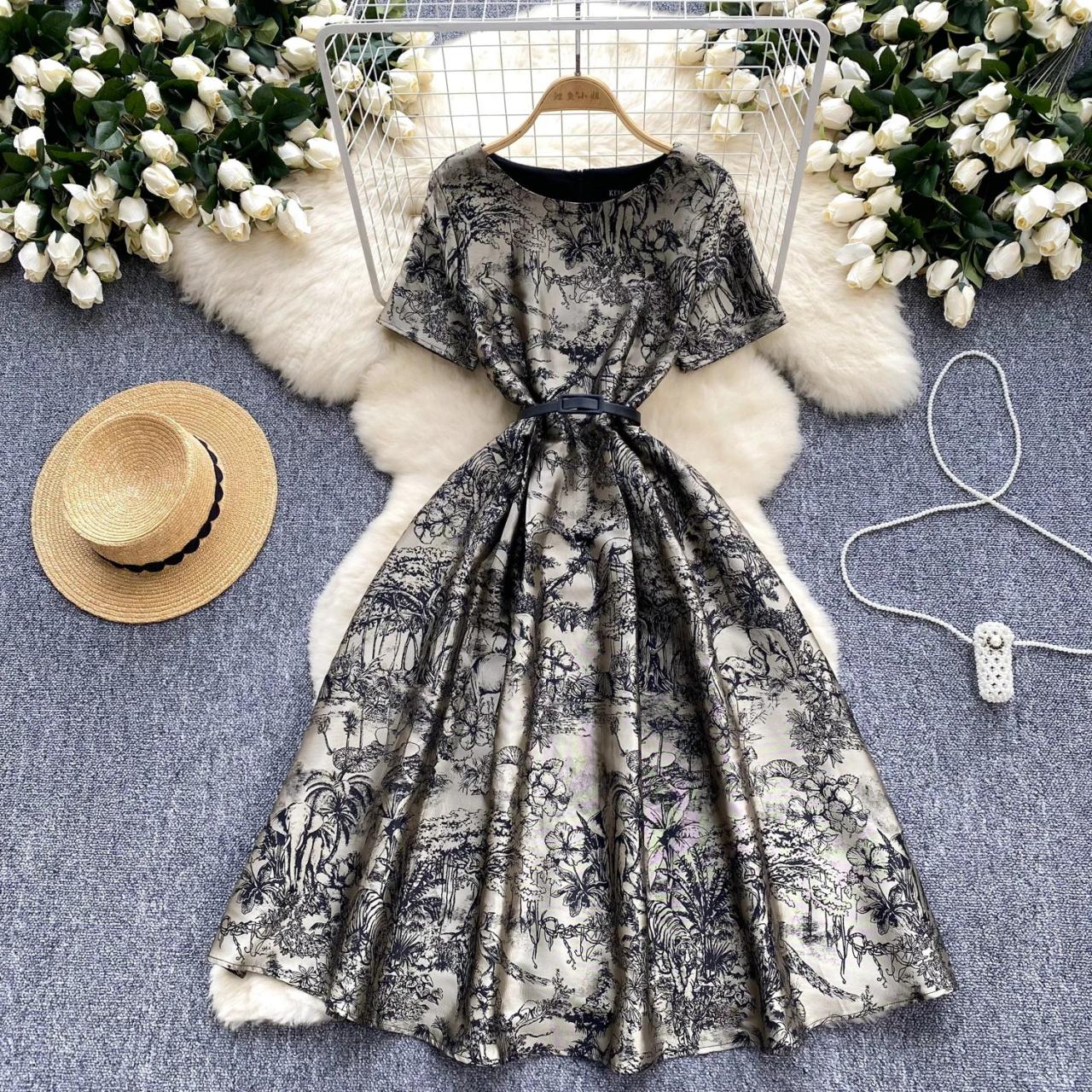 Retro O Neck Print Short Sleeve Sashes Summer Dress A-line Vacation Print  Women Elegant Sweet Dresse on Luulla