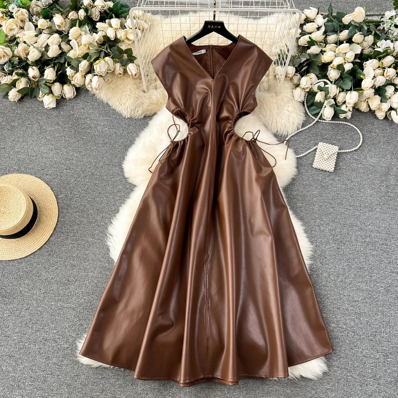 chinese dress ladies Strapless Faux Leather Midi Dress main image 1