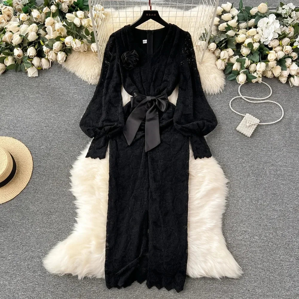 【美品】Winter Lace Belted Long Dress ネイビー Winter Lace Belted Long Dress