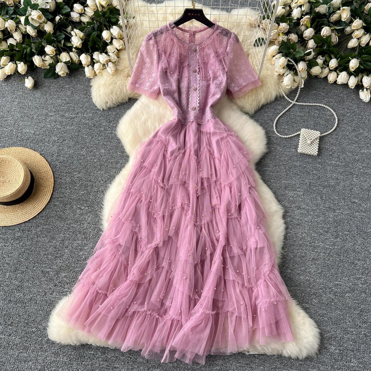 Lace V-neck Lavender Maxi Dress With Ruffles