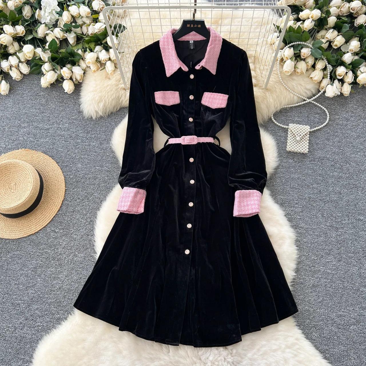 Velvet Contrast Collar Long Sleeve Button Dress
