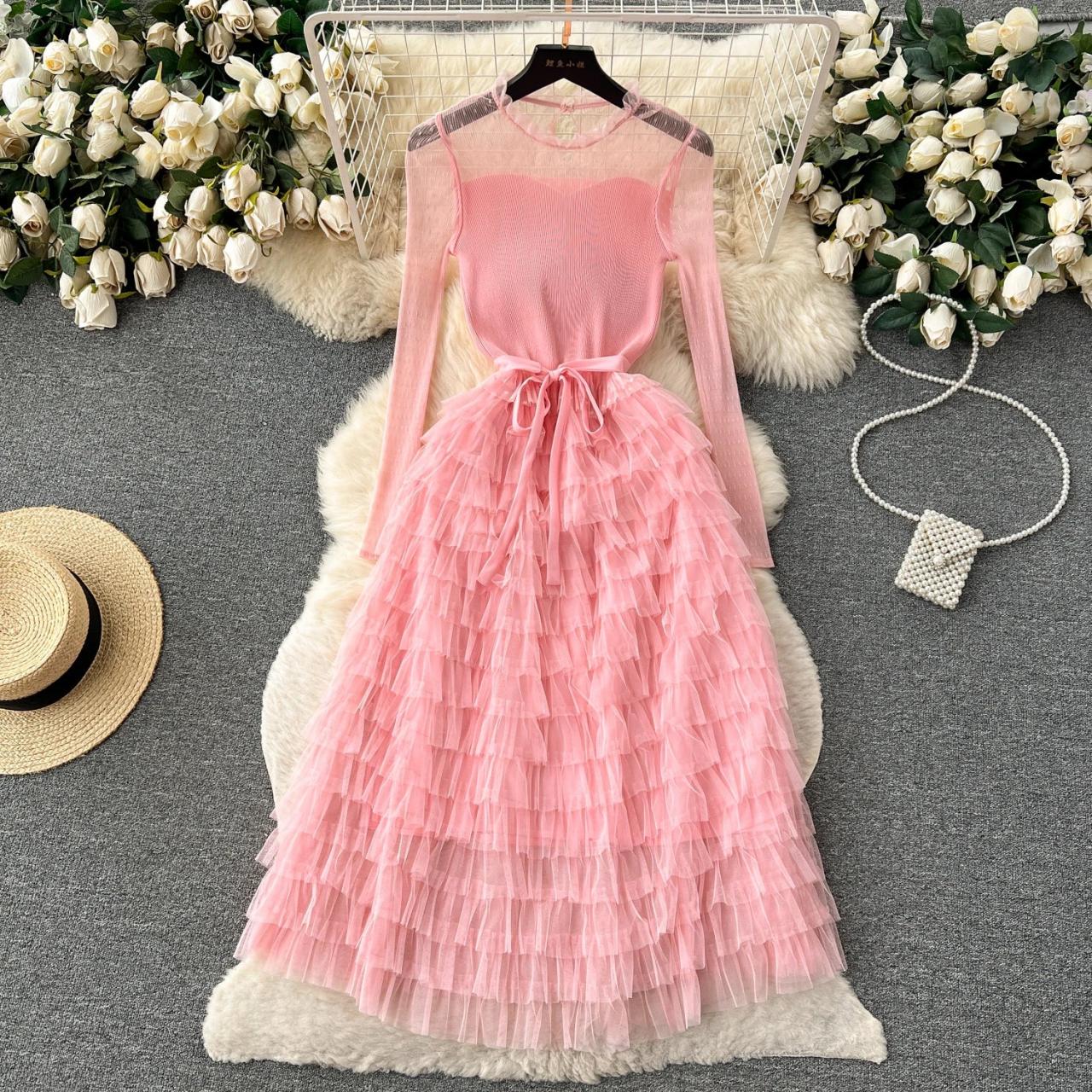 chinese dress ladies Light Pink Mesh Tiered Long Sleeve Maxi Dress – PinkBlush