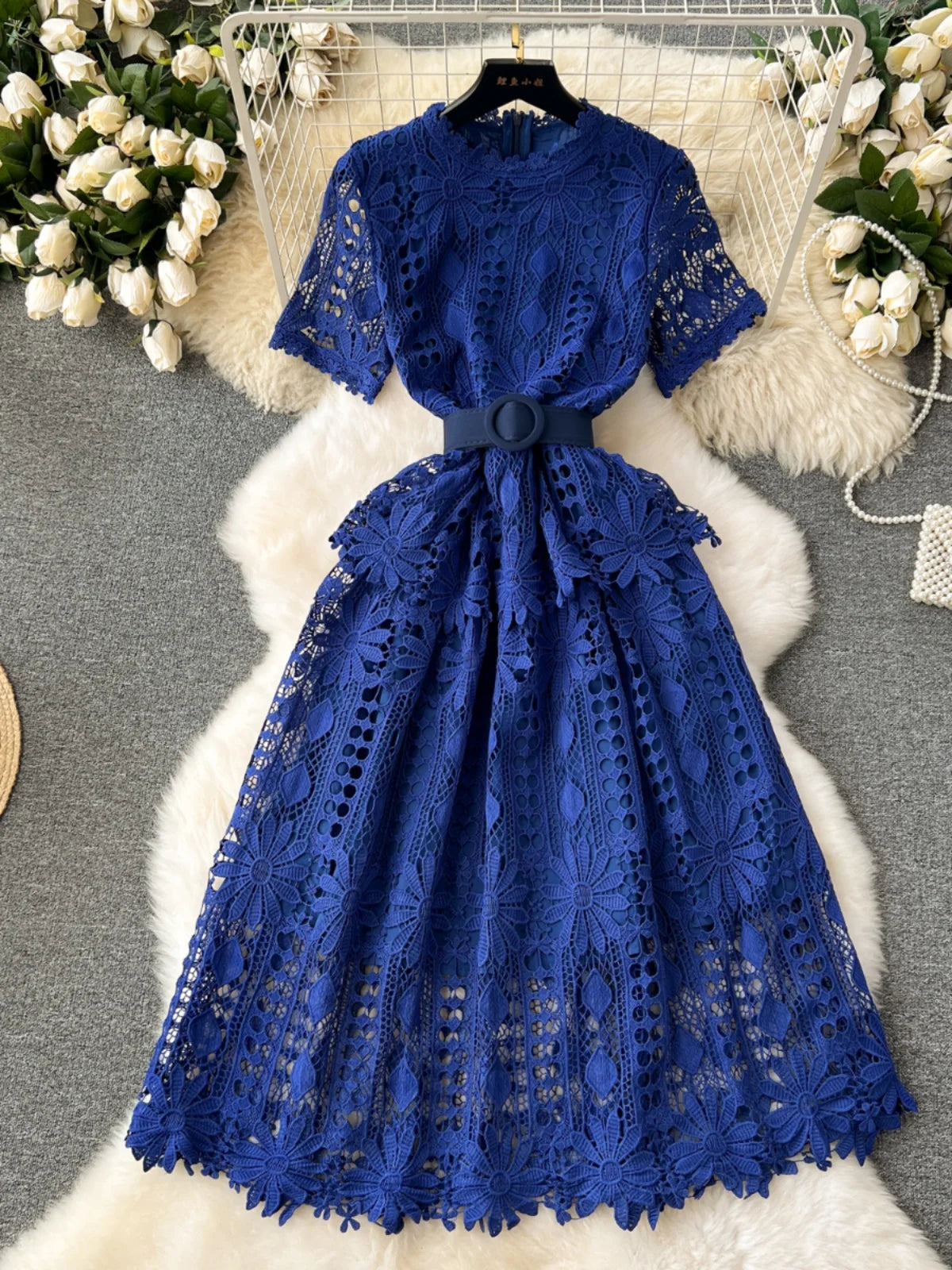 Vintage Elegant Lace Hollow Out O Neck Short Sleeve Dress A-line Fashion  Spring Summer Vestidos Wome on Luulla