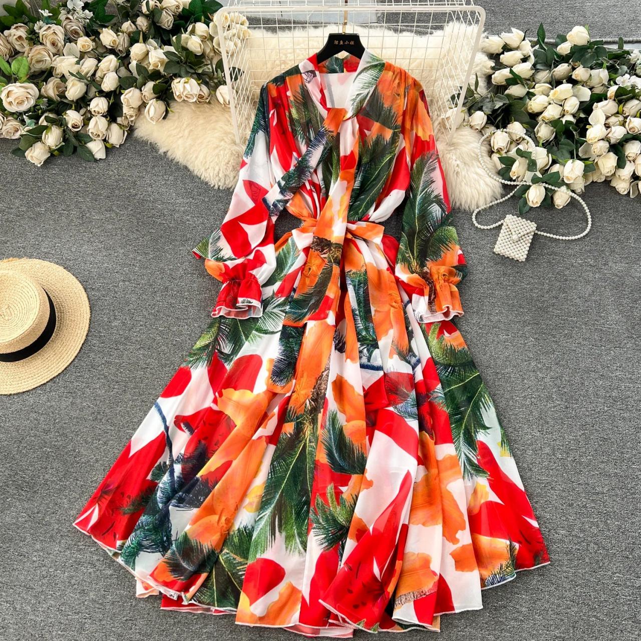 Flowy Floral Long-sleeve Vibrant Maxi Dress