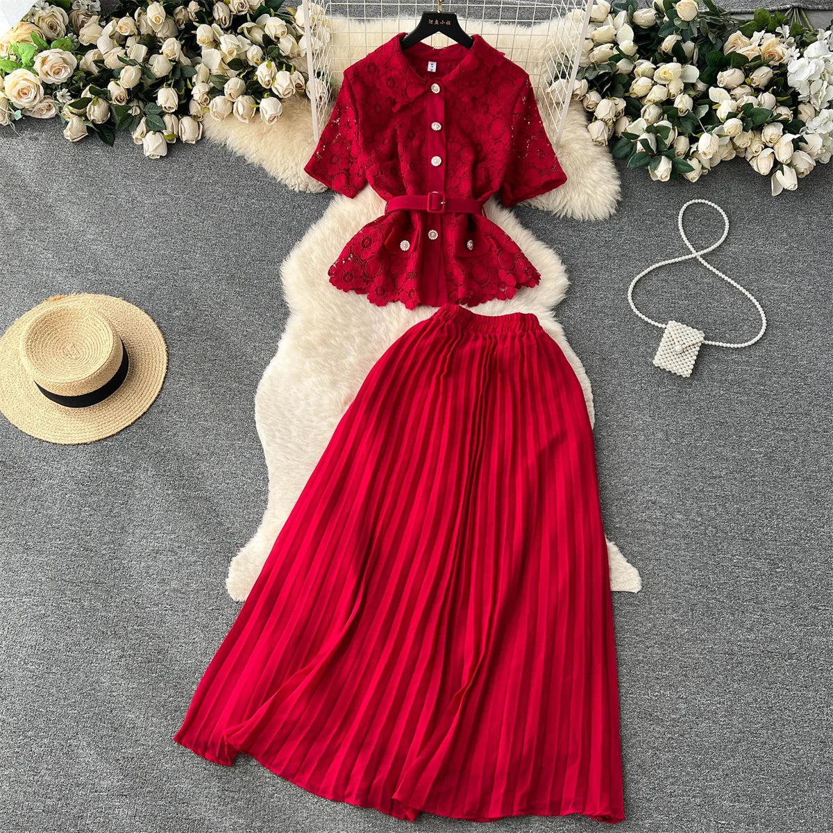 Chic Red Pleated Skirt and Blouse Set