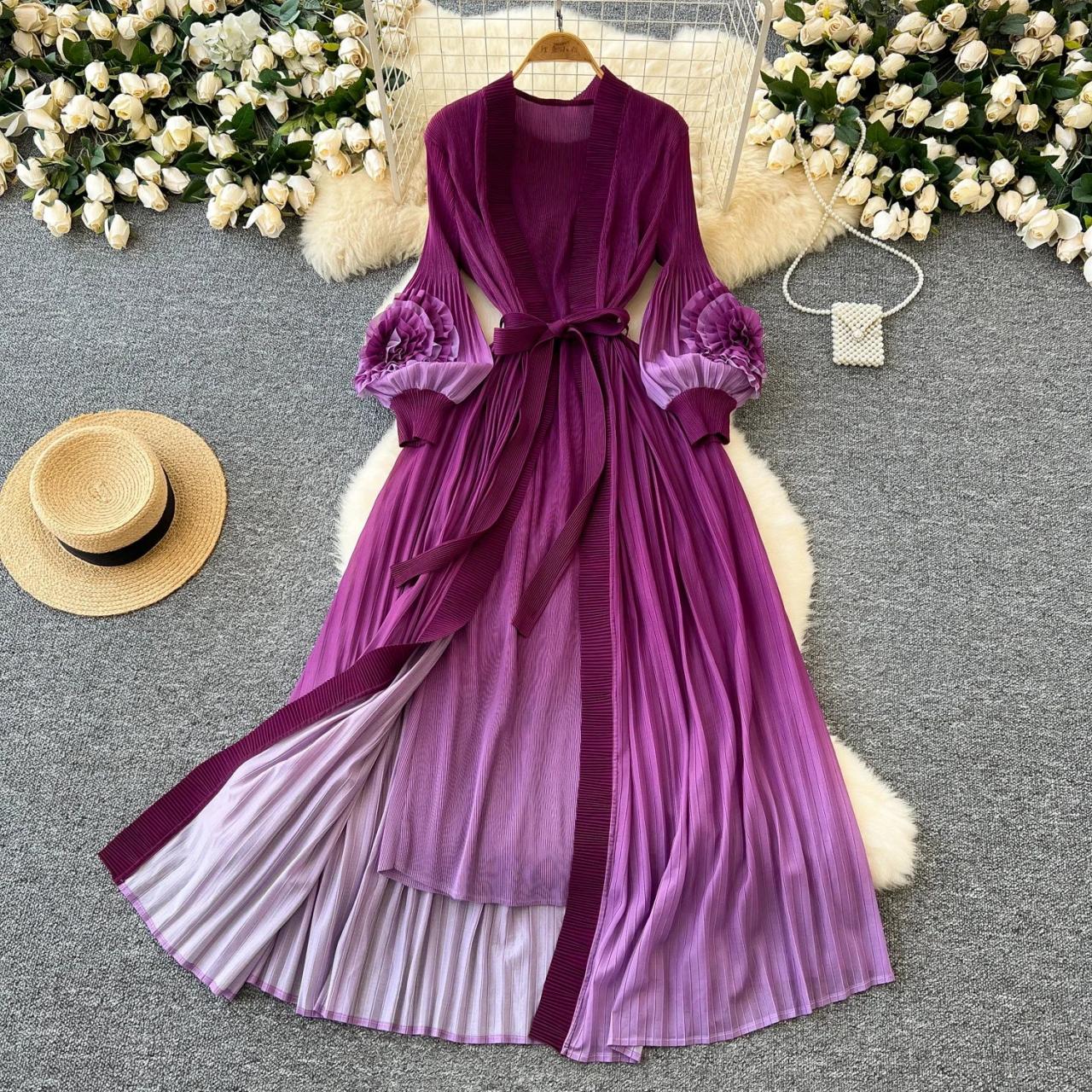 chinese dress ladies Dark Purple Long Sleeves Lace Wrap Maxi Dress for Women main image 1
