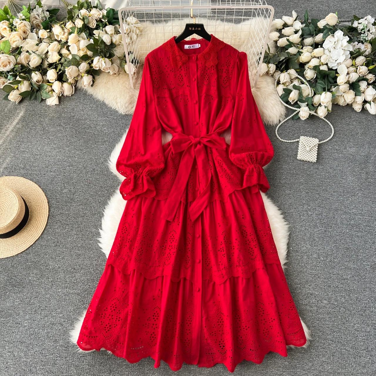 Red Long-Sleeve Dress with Flowing Design