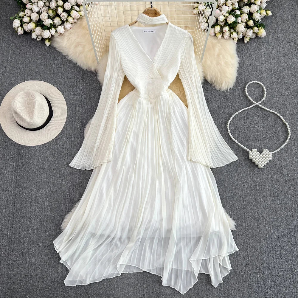 Chiffon Pleated Dress With Knit Cardigan Set