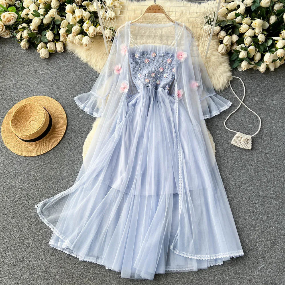 Floral Embroidered Mesh Dress With Ruffled Sleeves on Luulla