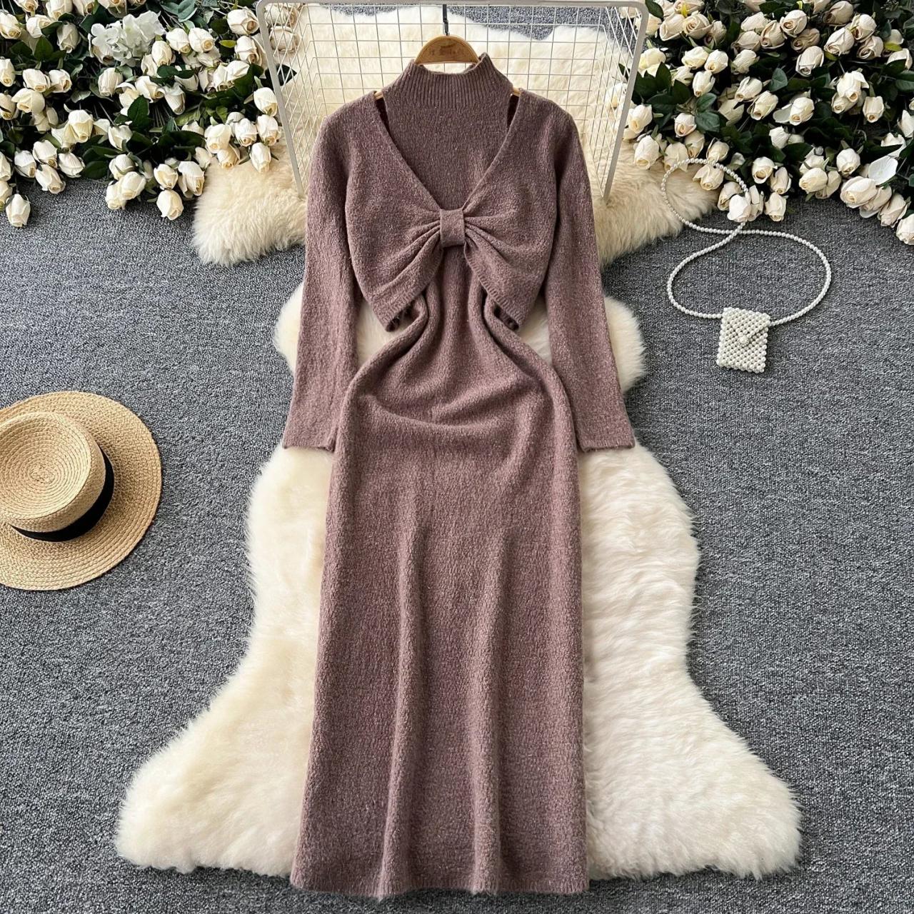 Cozy Knit Dress With Bow Detail, Long Sleeves