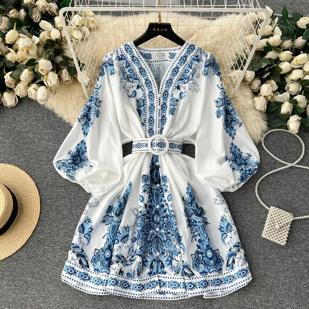 embroidered belted kaftan dress Royal Blue Arabian Digital Print Kaftan With Embroidered Belt S / 60 Inches main image 1
