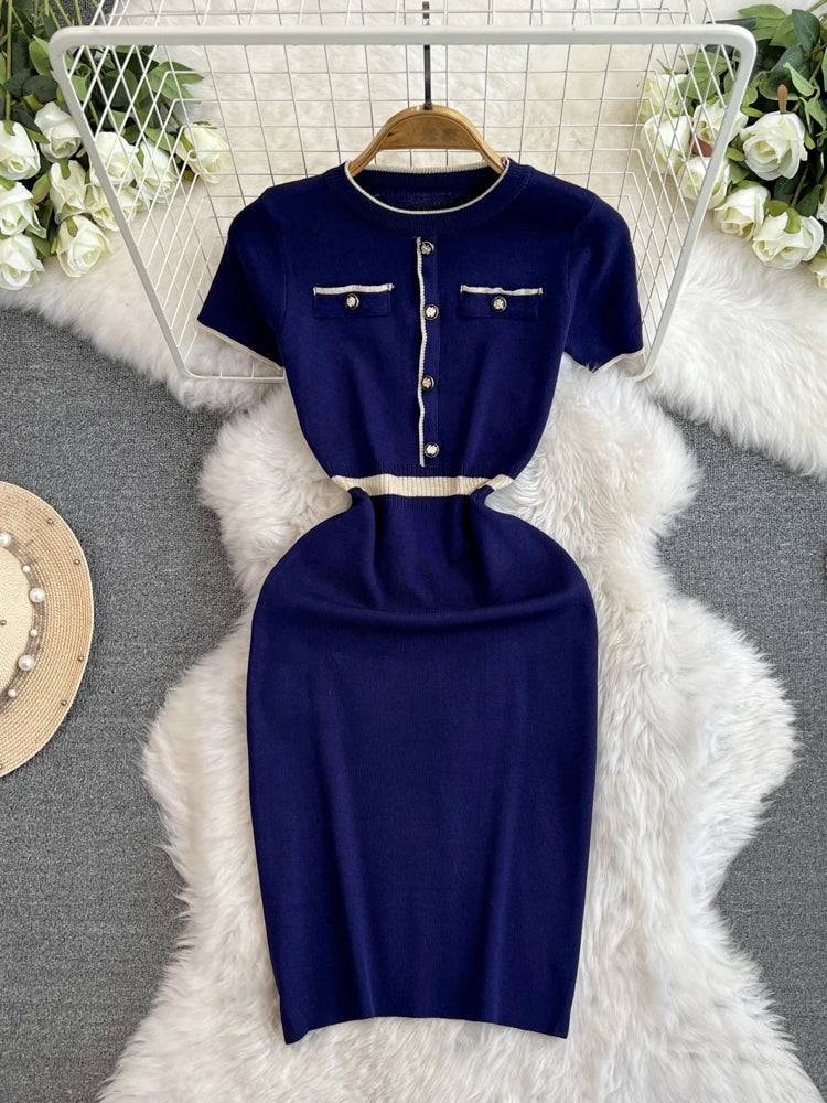 Sweet Chic Elastic O Neck Knit Bodycone Pencil Dress Tight Vintage Korean Fashion Party Slim Summer Women Beach Dresses