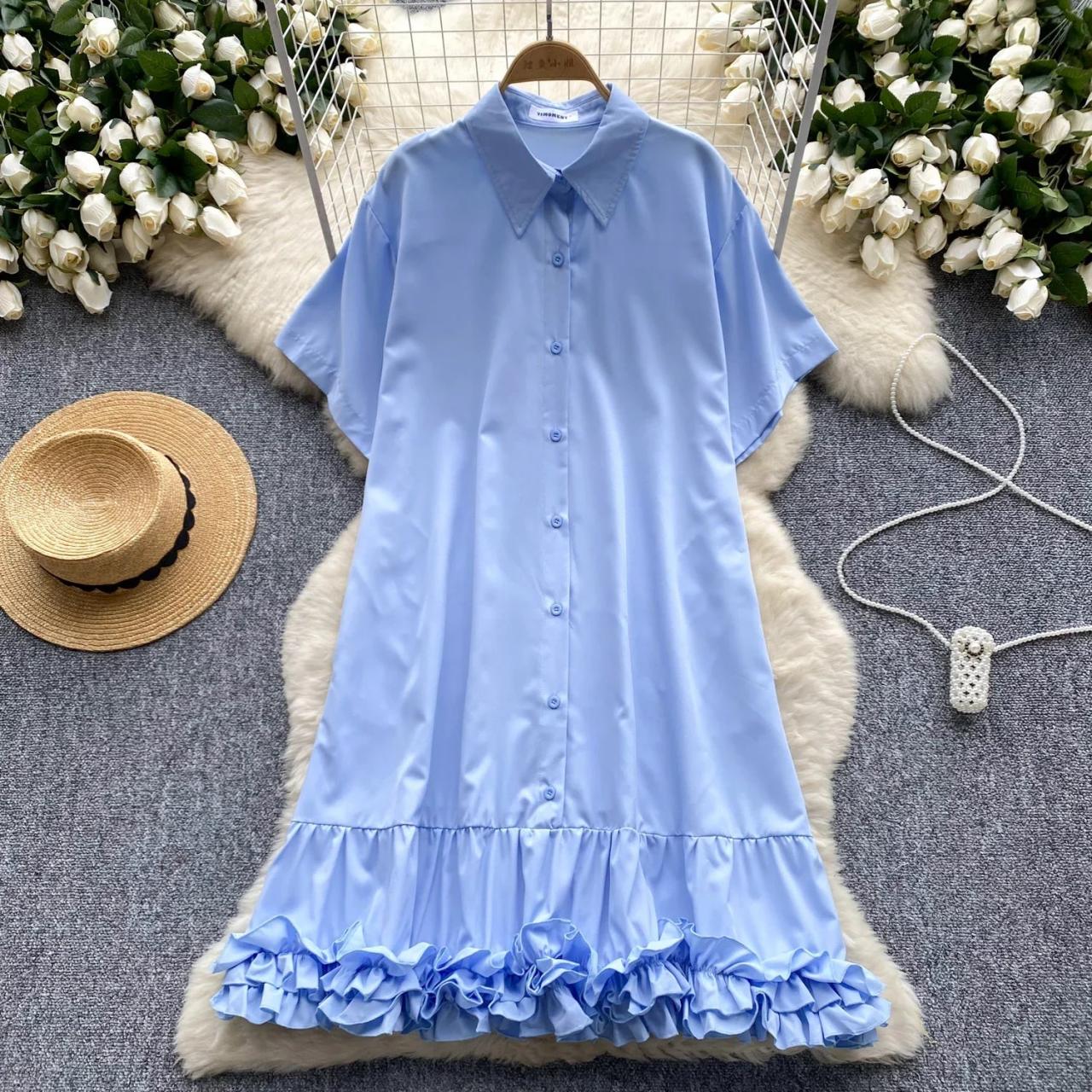 Light Blue Button-up Ruffled Hem Shirt Dress on Luulla