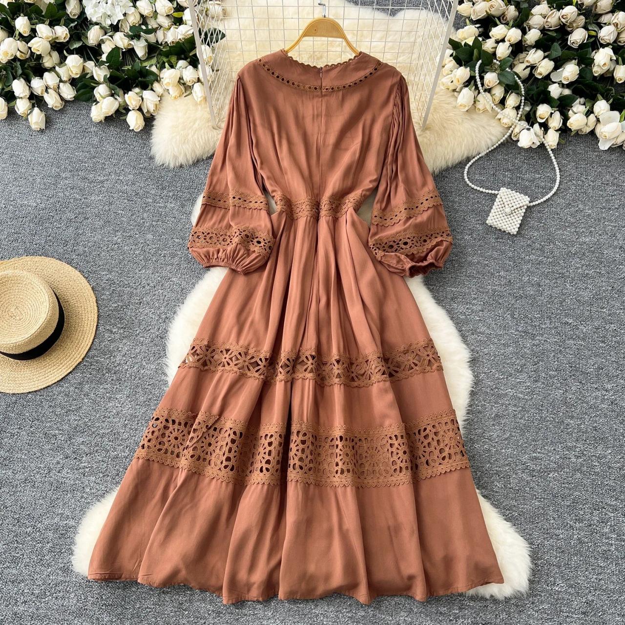 bohemian lace midi dress Chic Bohemian Lace Patchwork Midi Dress with Cinched Waist for Women   Canary Houze