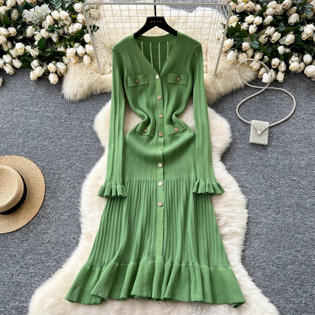 Button-down Long Green Ribbed Knit Dress on Luulla