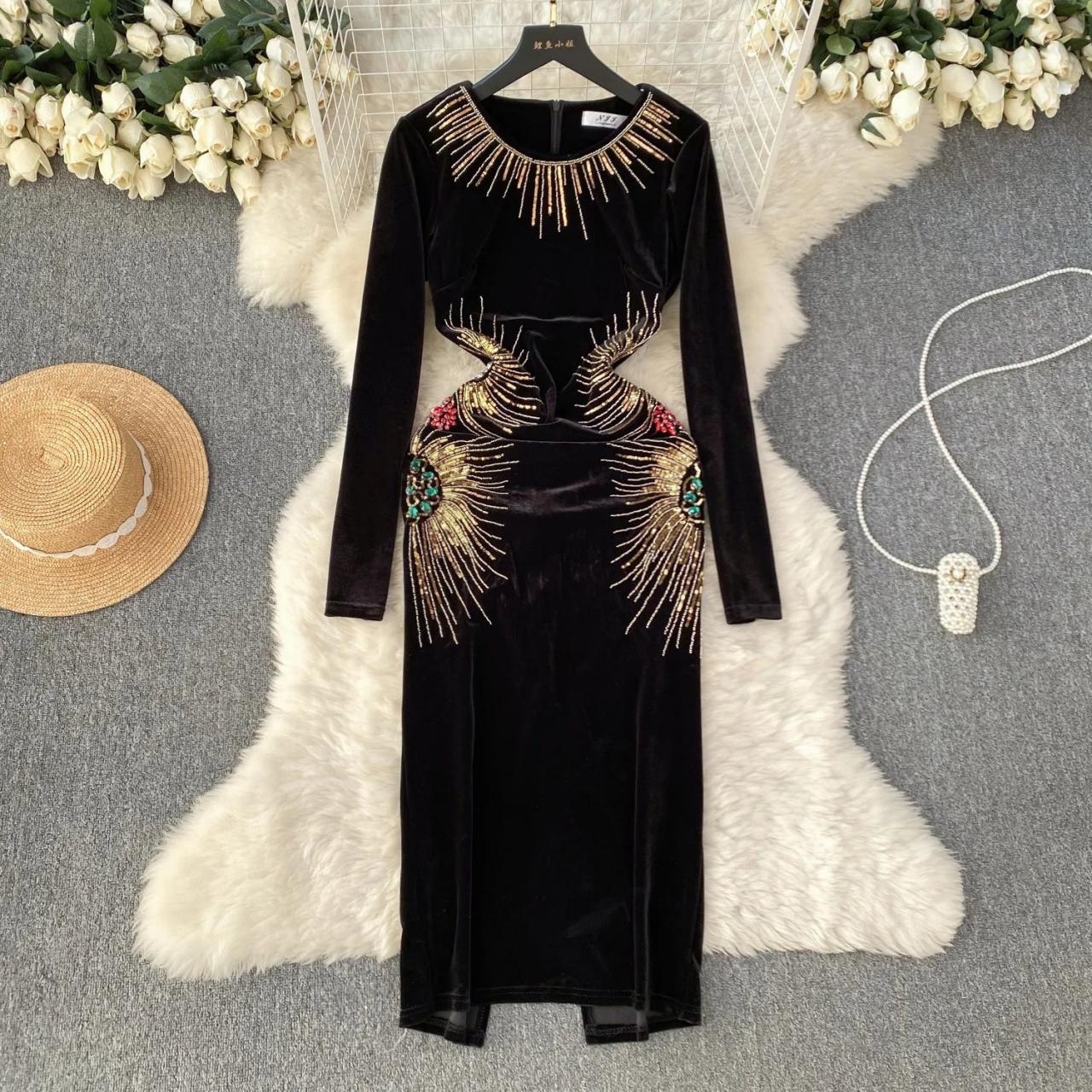 Luxurious Black Velvet Dress with Gold Embroidery