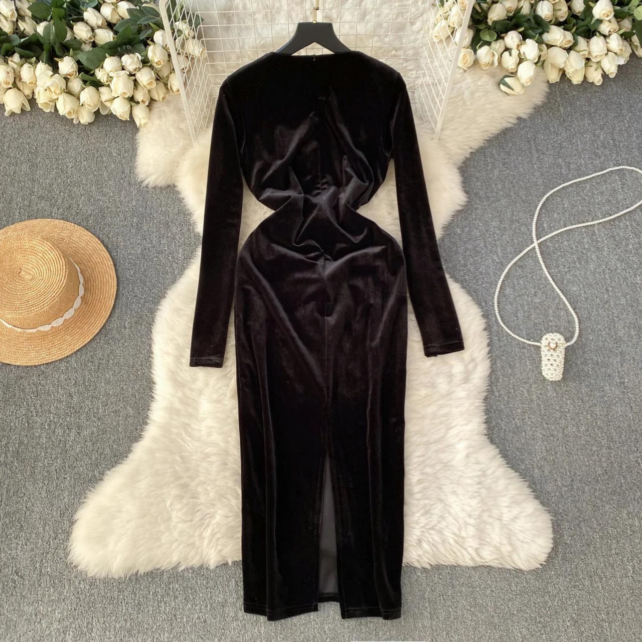 Luxurious Black Velvet Dress with Gold Embroidery