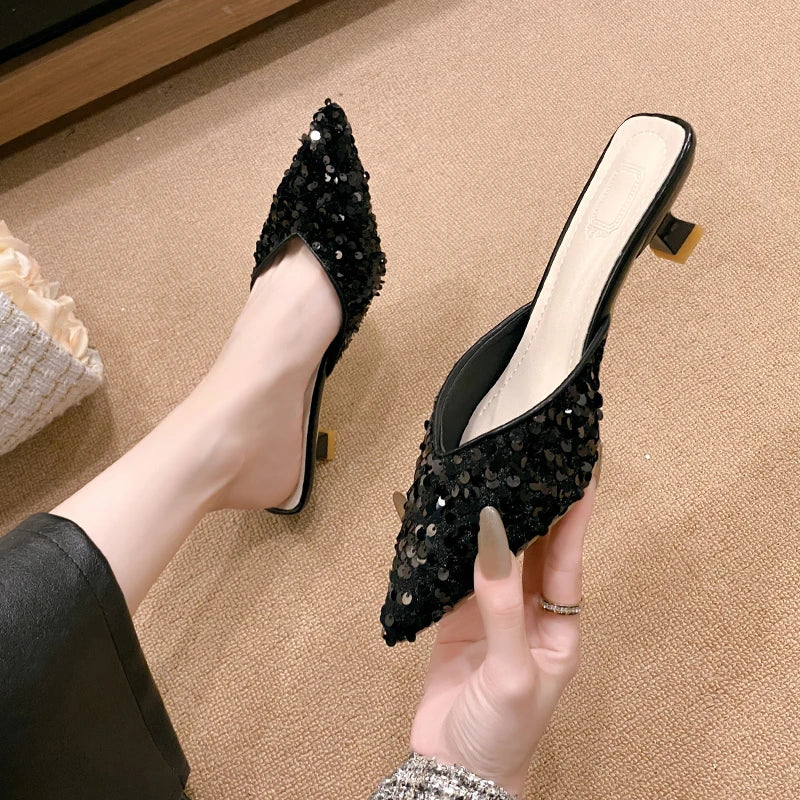 Sparkling Black Sequin Slip-on Heeled Mules on Luulla