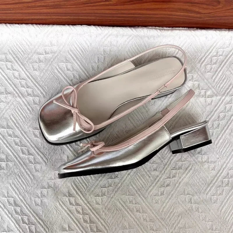 Silver Slingback Flats With Pink Bow Accent on Luulla