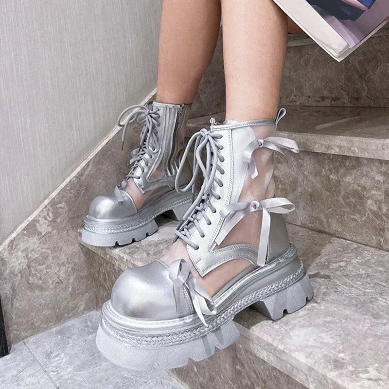 Chunky Silver Platform Lace up Transparent Combat Boots