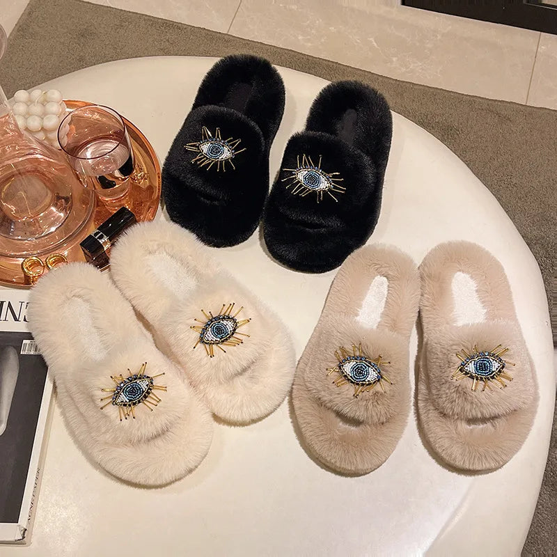 Plush Embroidered Eye Cozy Indoor Slippers Collection on Luulla
