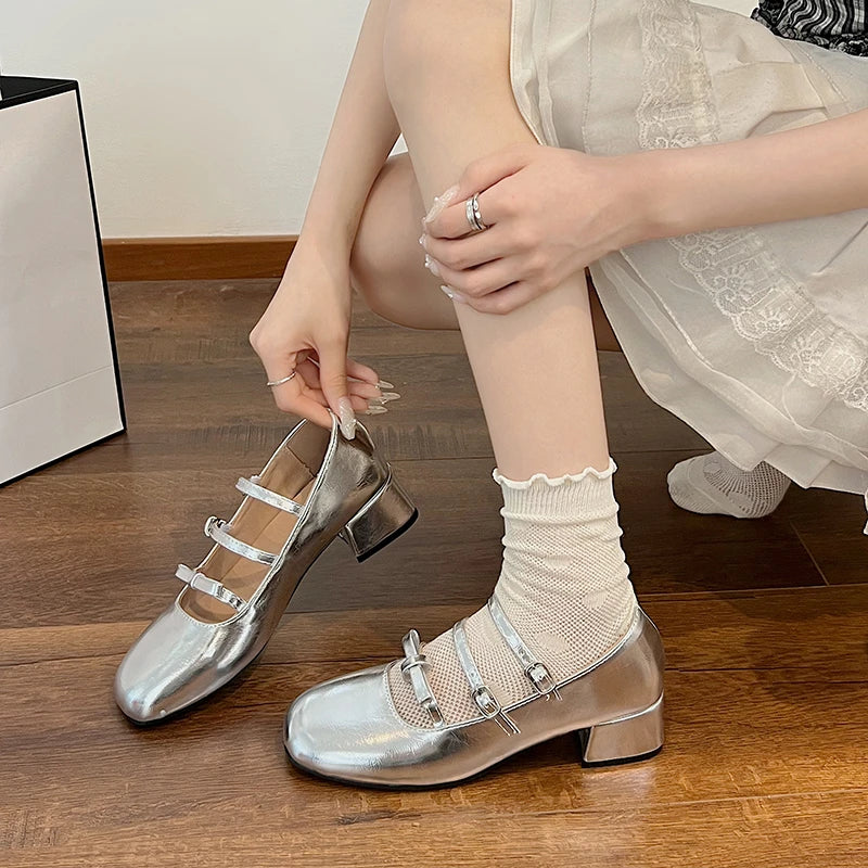 Silver Strappy Low heel Mary Jane Dress Shoes