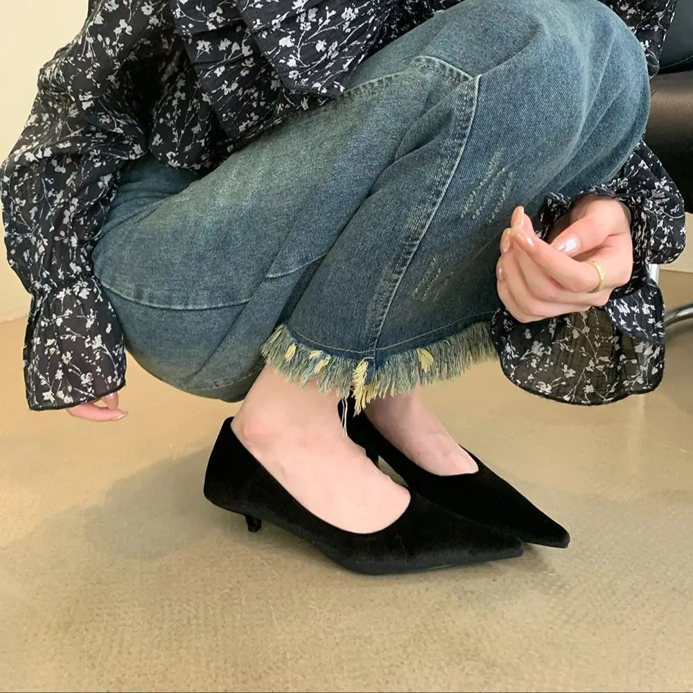 Chic Velvet Low Heel Black Pumps Shoes on Luulla