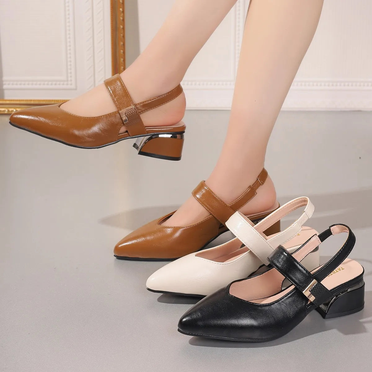 Chic Low-Heel Womens Slingback Block Shoes