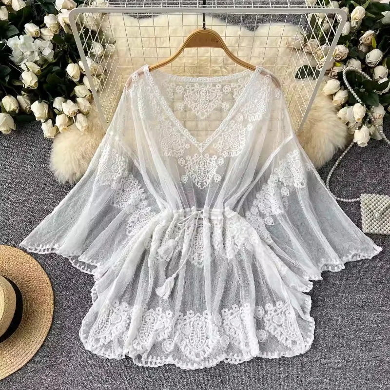 sachin and babi light blue dress Chic White Lace Sheer Beach Cover-Up Dress