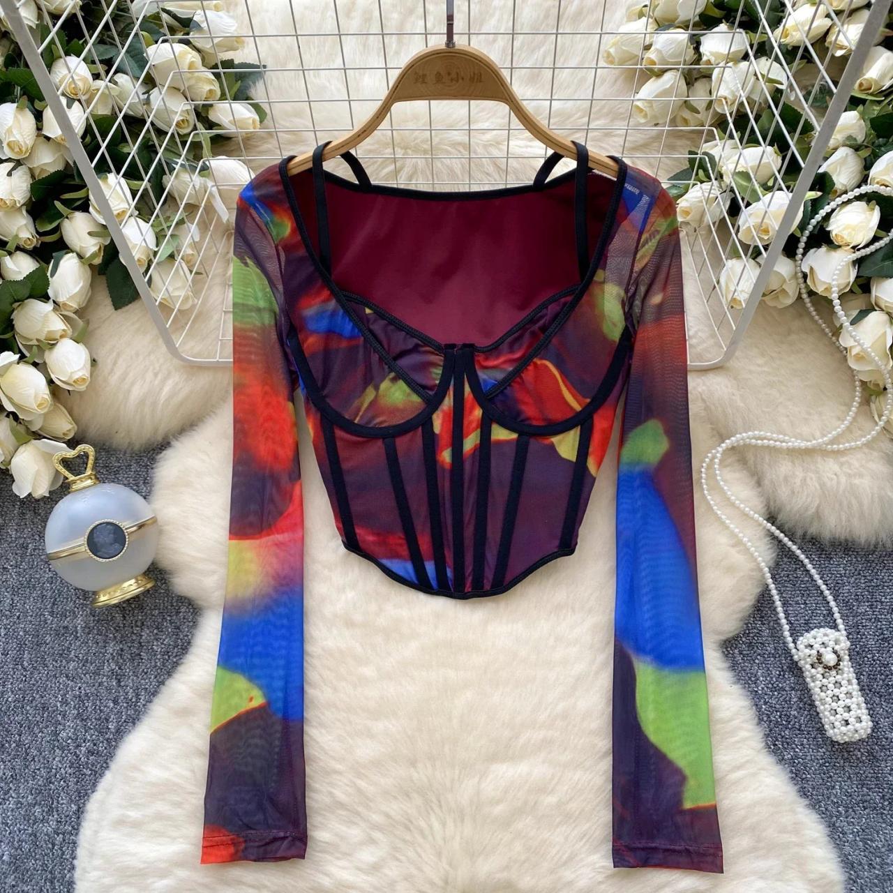 American Sexy Crop Top Women Square Collar Tie Dye Patchwork Slim  Streetwear Autumn Hollow Out Desig on Luulla