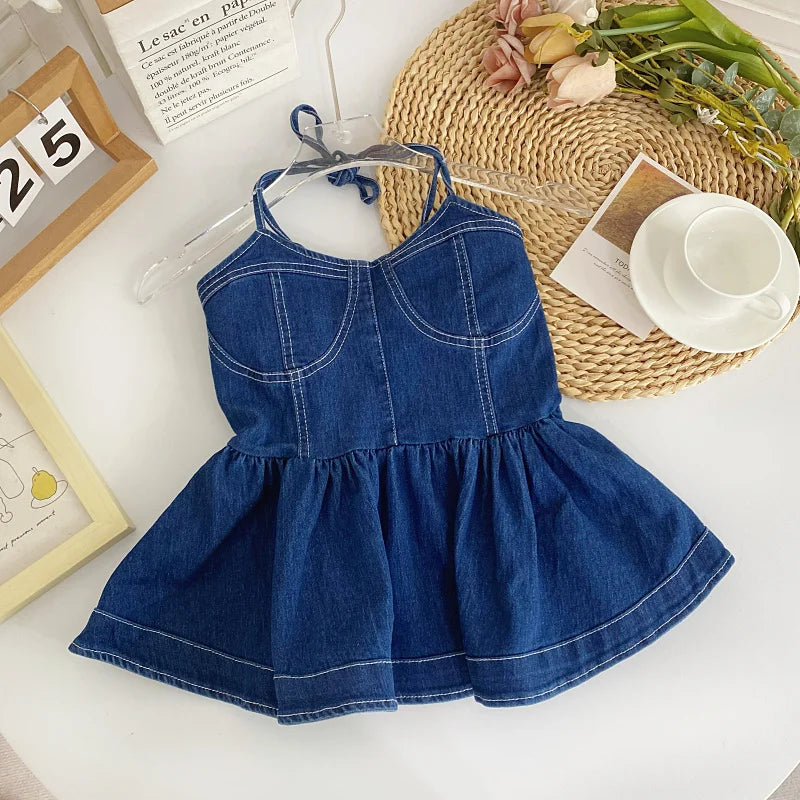 Girls Blue Halter Denim Dress With